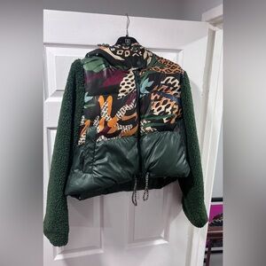 FARM Rio Green and Animal Print Puffer Jacket